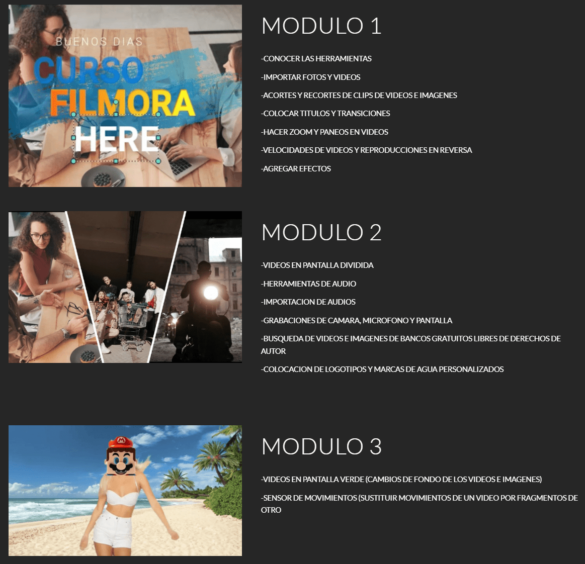Modulos Curso Filmora de Cero a Experto
