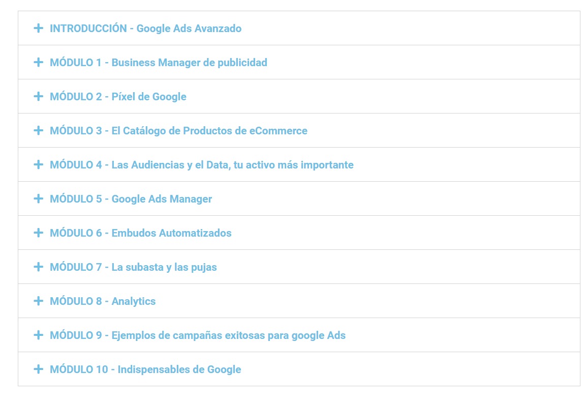 Módulos Curso de Google Ads Nivel Avanzado – Academia METRICS