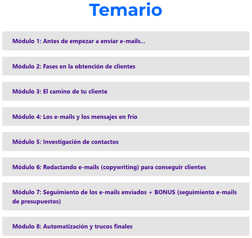 Temario Masterclass E-mails a puerta fría para conseguir clientes de Emma Llensa