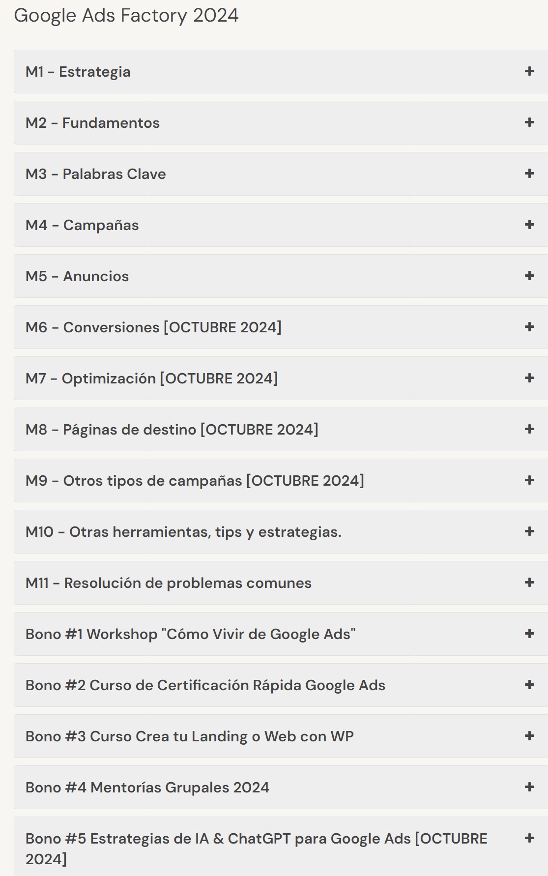 Contenido Curso Google Ads Factory 2024 - Alan Valdez